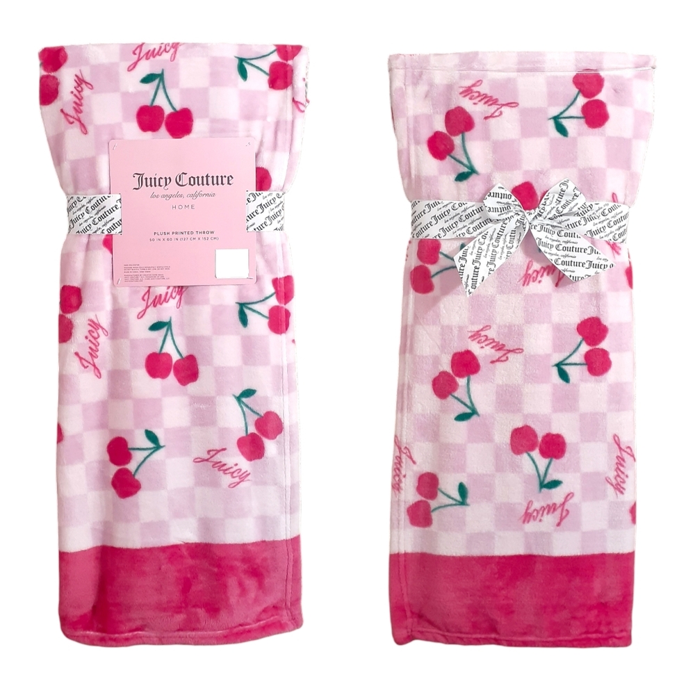 New! Juicy Couture Pink Cherries Plush Throw Blanket, Pink Checkered Cherry